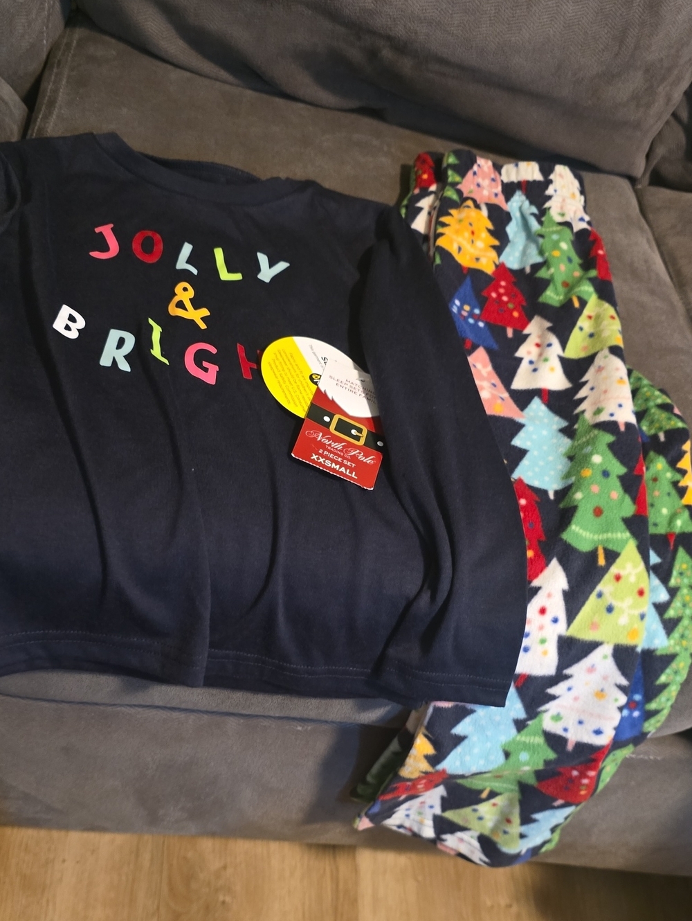 Kids Navy Holiday Pajama Set with Festive Tree Pants